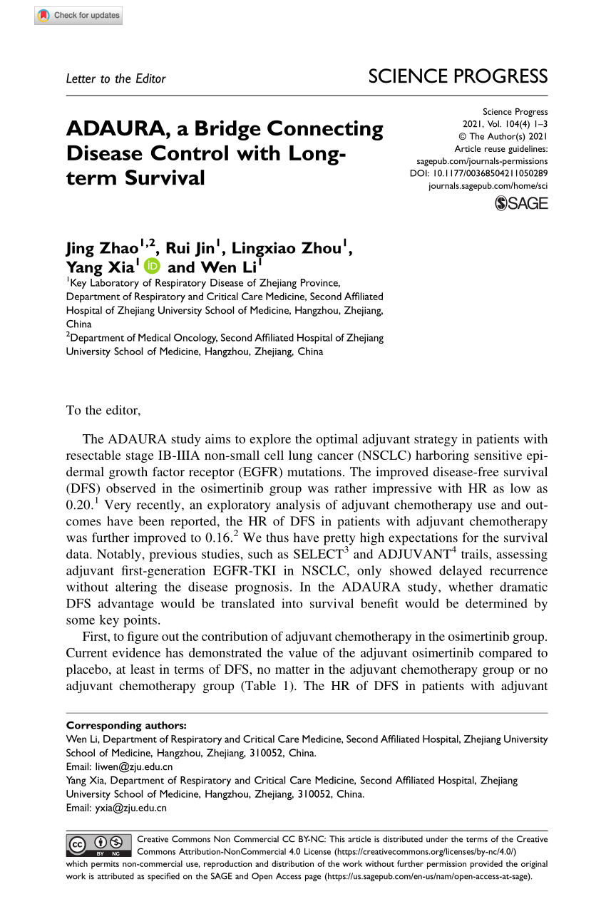 ADAURA, a Bridge Connecting Disease Control with Long-term Survival - Jing  Zhao, Rui Jin, Lingxiao Zhou, Yang Xia, Wen Li, 2021