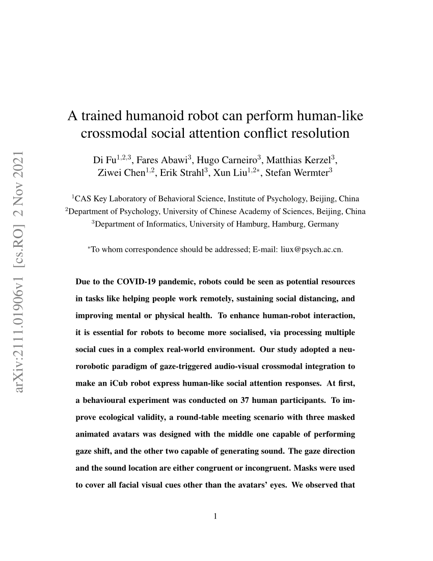 Pdf A Trained Humanoid Robot Can Perform Human Like Crossmodal Social Attention Conflict