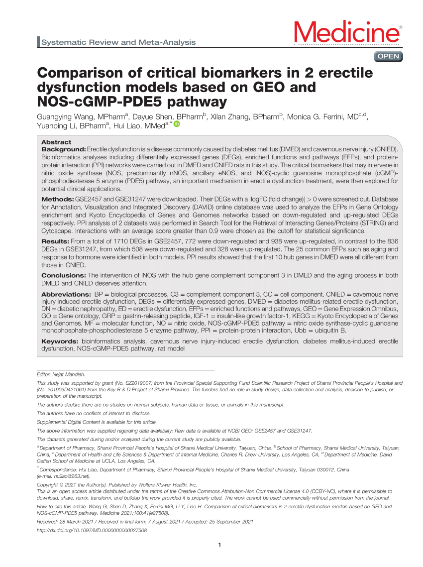 PDF Comparison of critical biomarkers in 2 erectile dysfunction