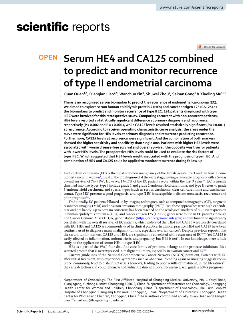 Pdf Serum He4 And Ca125 Combined To Predict And Monitor Recurrence Of