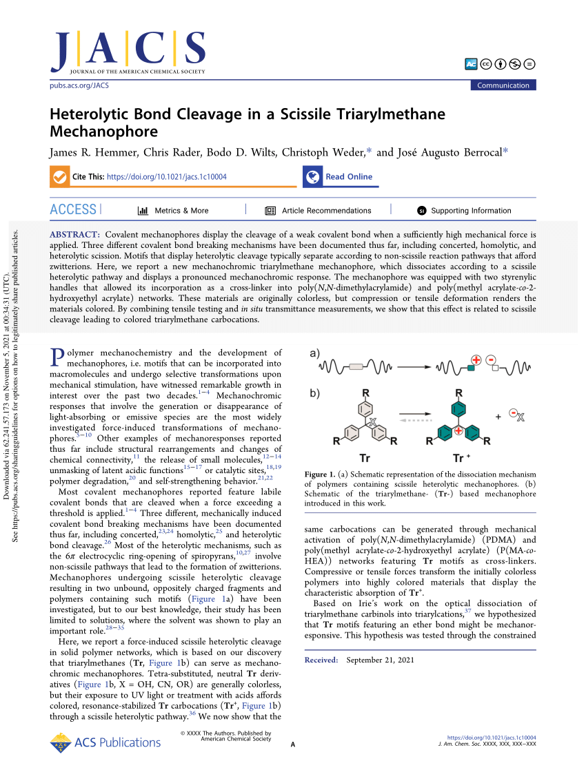 Pdf Heterolytic Bond Cleavage In A Scissile Triarylmethane Mechanophore