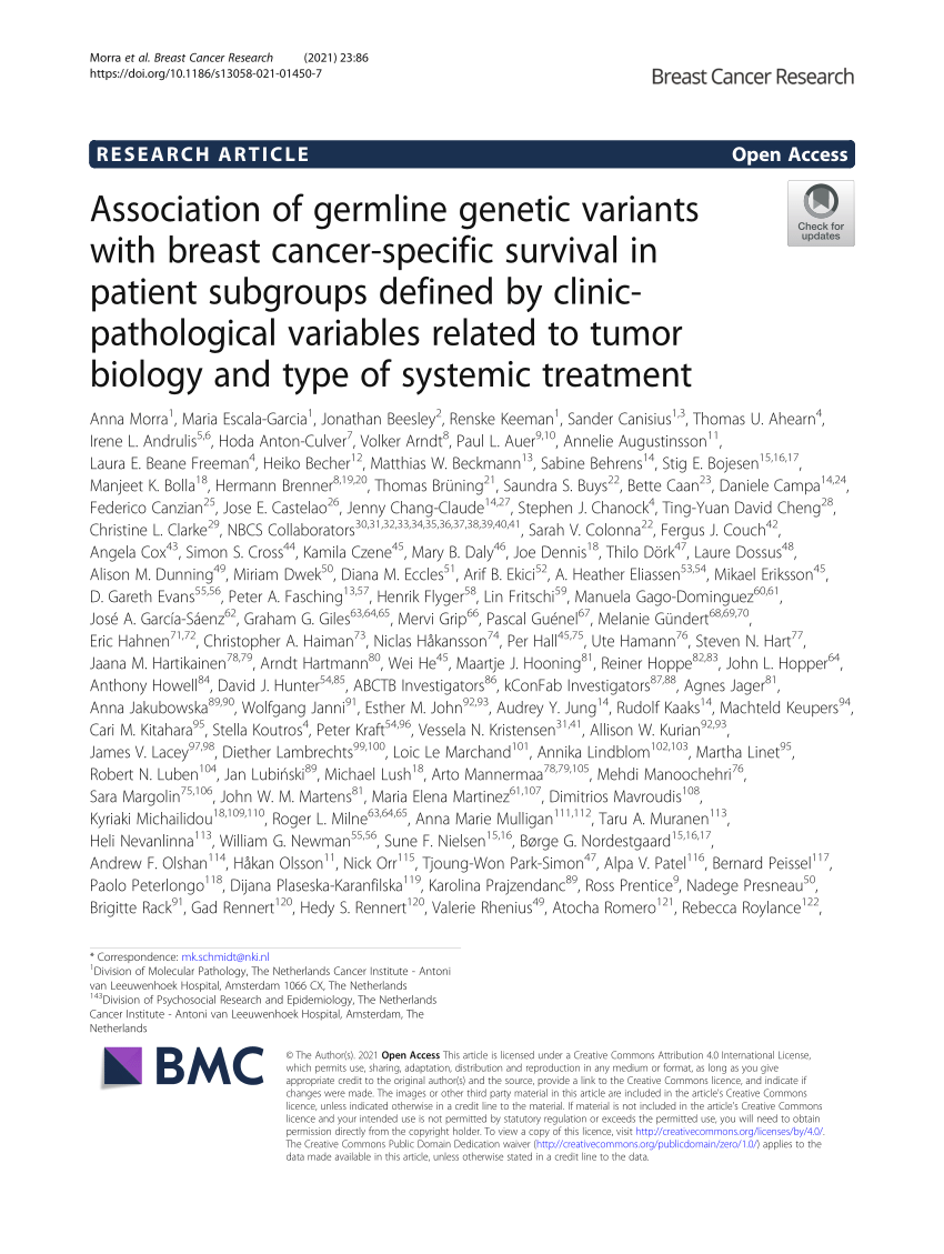 pdf association of germline genetic variants with breast cancer specific survival in patient subgroups defined by clinic pathological variables related to tumor biology and type of systemic treatment