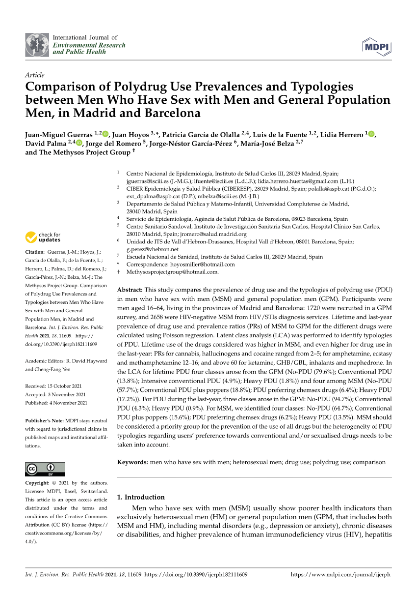 PDF) Comparison of Polydrug Use Prevalences and Typologies between Men Who  Have Sex with Men and General Population Men, in Madrid and Barcelona