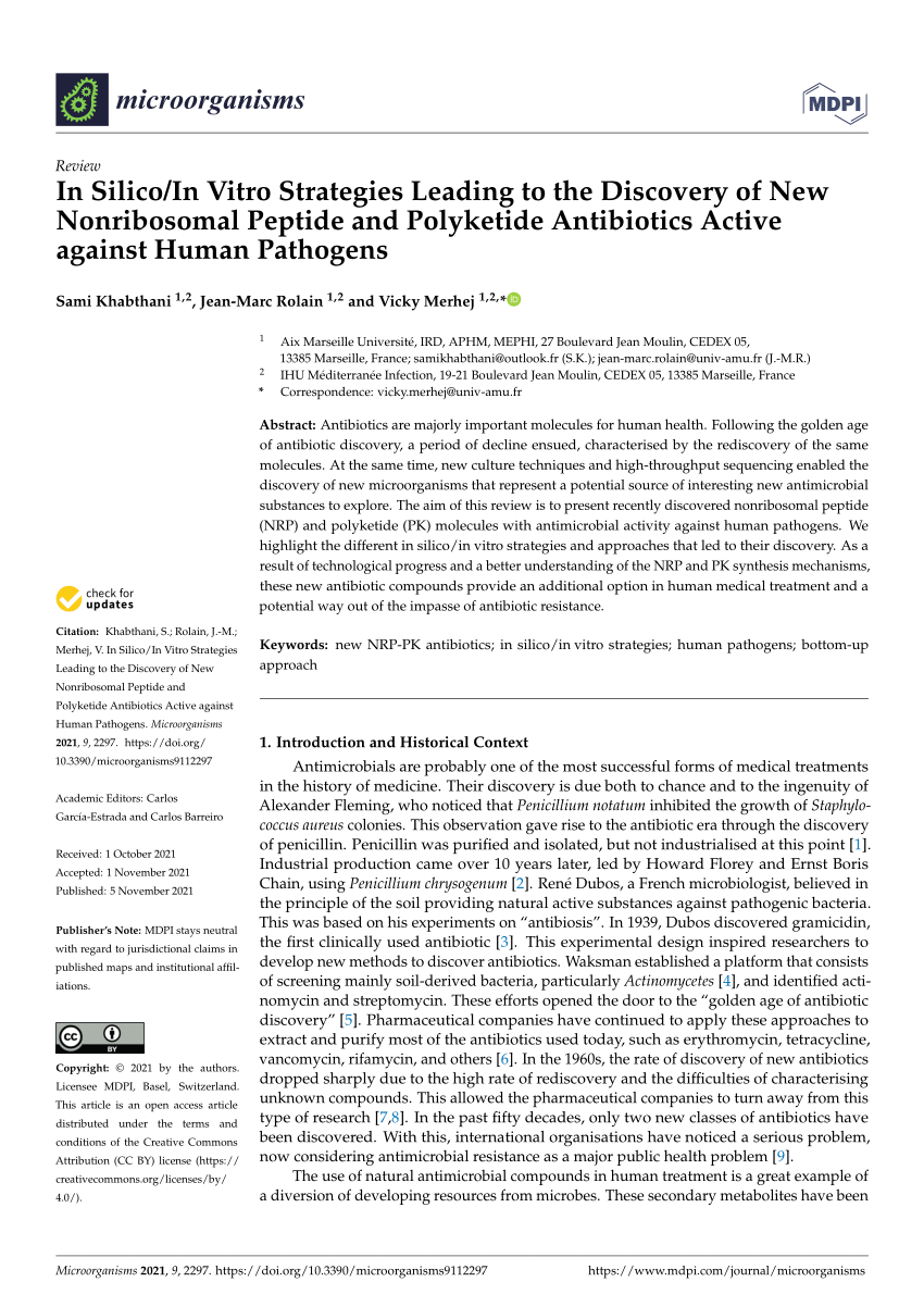 Pdf In Silico In Vitro Strategies Leading To The Discovery Of New Nonribosomal Peptide And Polyketide Antibiotics Active Against Human Pathogens