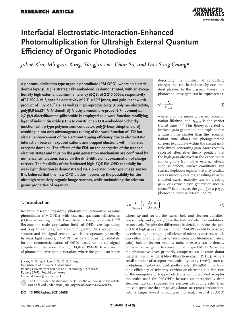Optimizing ionic strength of interfacial electric double layer for  ultrahigh external quantum efficiency of photomultiplication-type organic  photodetectors - Journal of Materials Chemistry C (RSC Publishing)