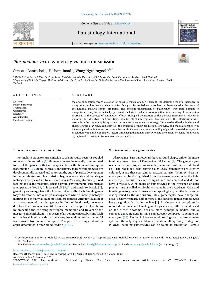 Pdf Plasmodium Vivax Gametocytes And Transmission