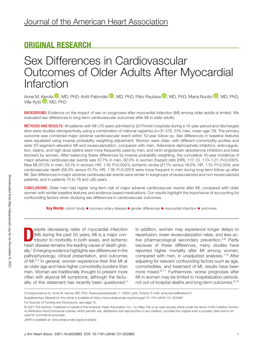 Pdf Sex Differences In Cardiovascular Outcomes Of Older Adults After Myocardial Infarction