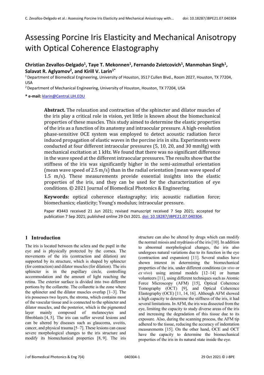 PDF) Assessing Porcine Iris Elasticity and Mechanical Anisotropy with  Optical Coherence Elastography