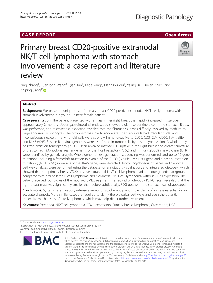 Pdf Primary Breast Cd20 Positive Extranodal Nkt Cell Lymphoma With Stomach Involvement A 