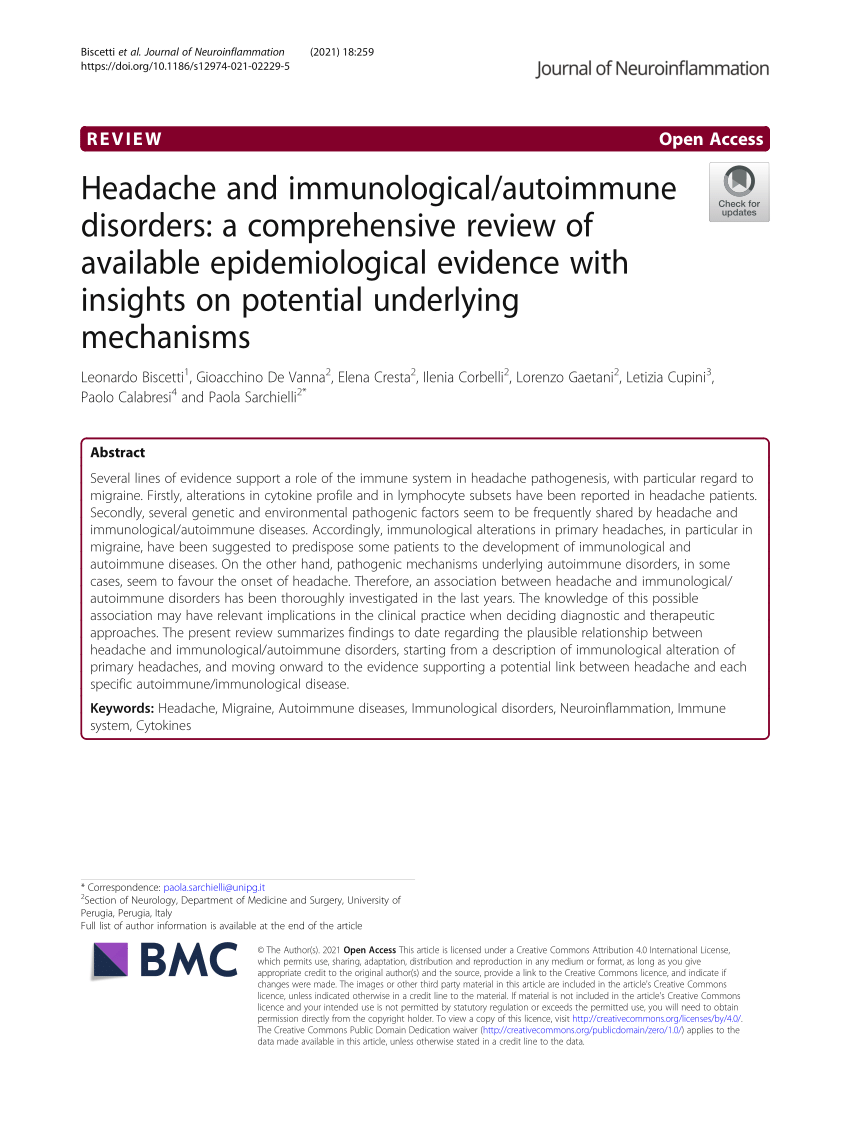 PDF) Headache and immunological/autoimmune disorders a comprehensive review of available epidemiological evidence with insights on potential underlying mechanisms