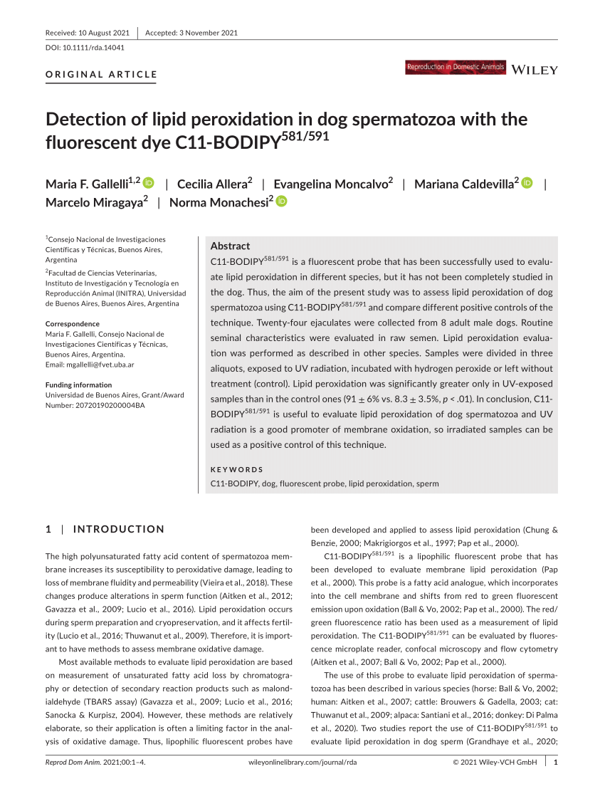 PDF) Detection of lipid peroxidation in dog spermatozoa with the  fluorescent dye C11‐BODIPY 581/591