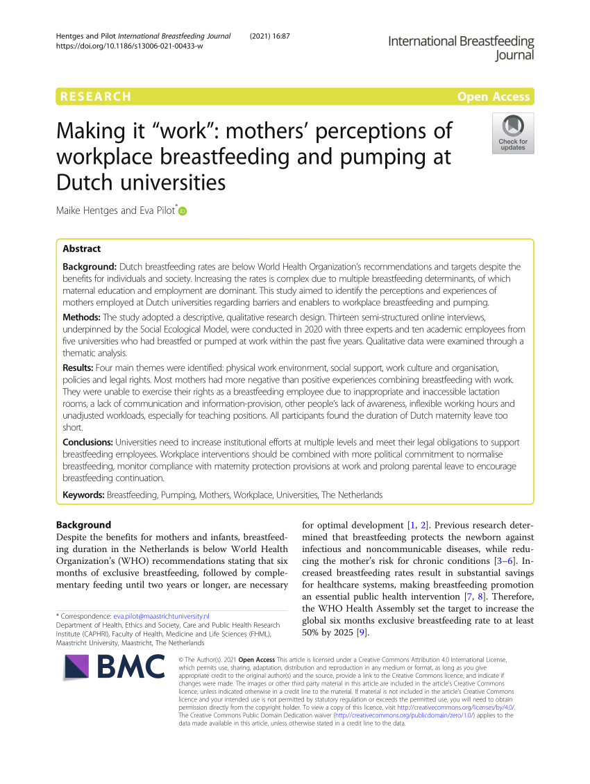 PDF) Making it “work” mothers perceptions of workplace breastfeeding and pumping at Dutch universities
