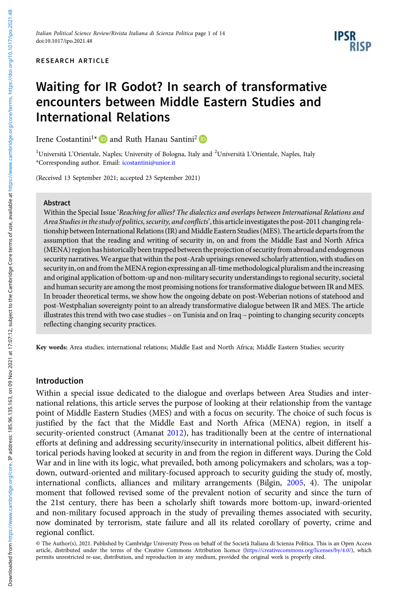 PDF) Waiting for IR Godot? In search of transformative encounters between  Middle Eastern Studies and International Relations