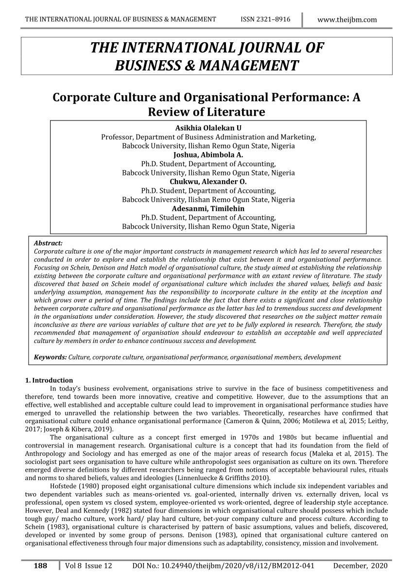 a literature review on organization culture and corporate performance