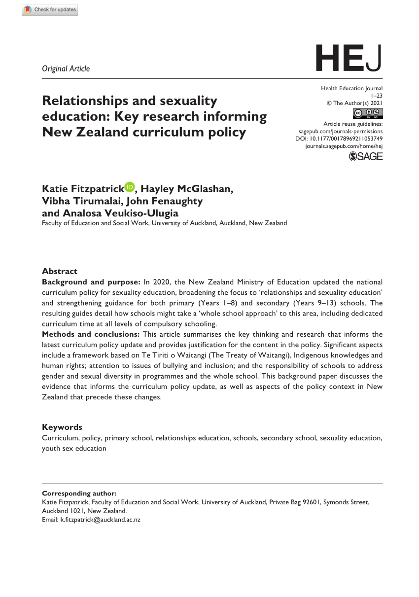 PDF) Relationships and sexuality education: Key research informing New  Zealand curriculum policy