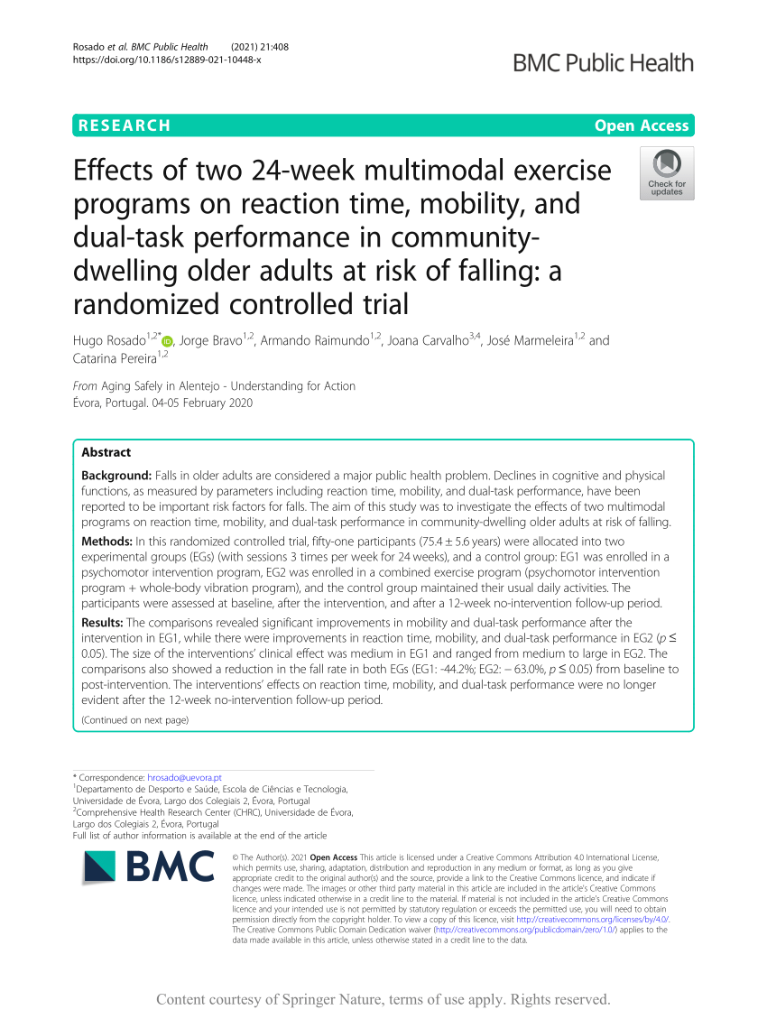 Pdf Effects Of Two 24 Week Multimodal Exercise Programs On Reaction Time Mobility And Dual