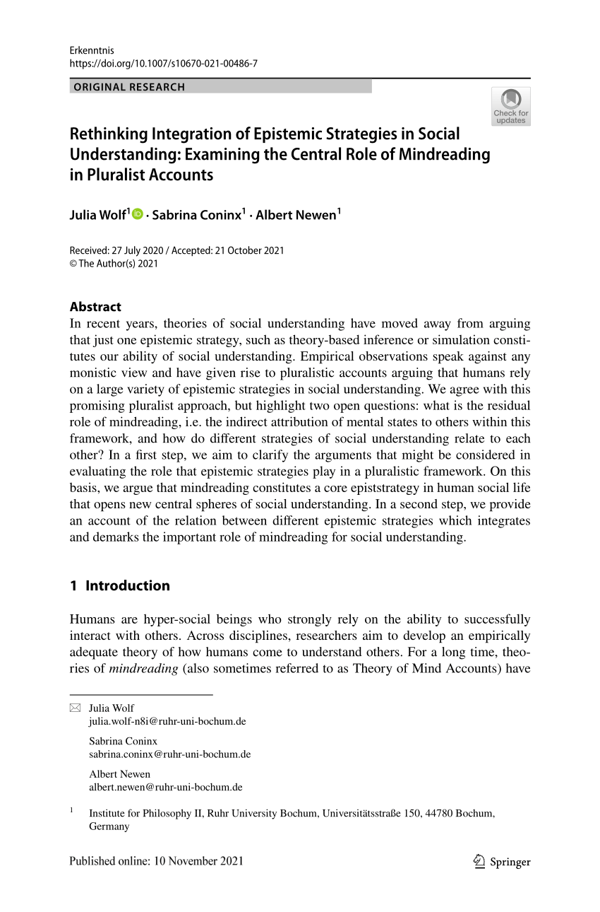 PDF) Rethinking Integration of Epistemic Strategies in Social  Understanding: Examining the Central Role of Mindreading in Pluralist  Accounts