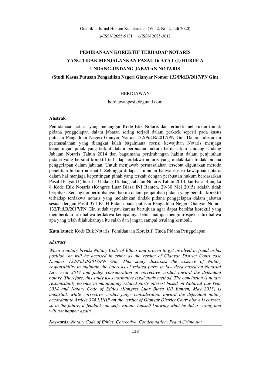 (PDF) PEMIDANAAN KOREKTIF TERHADAP NOTARIS YANG TIDAK MENJALANKAN PASAL