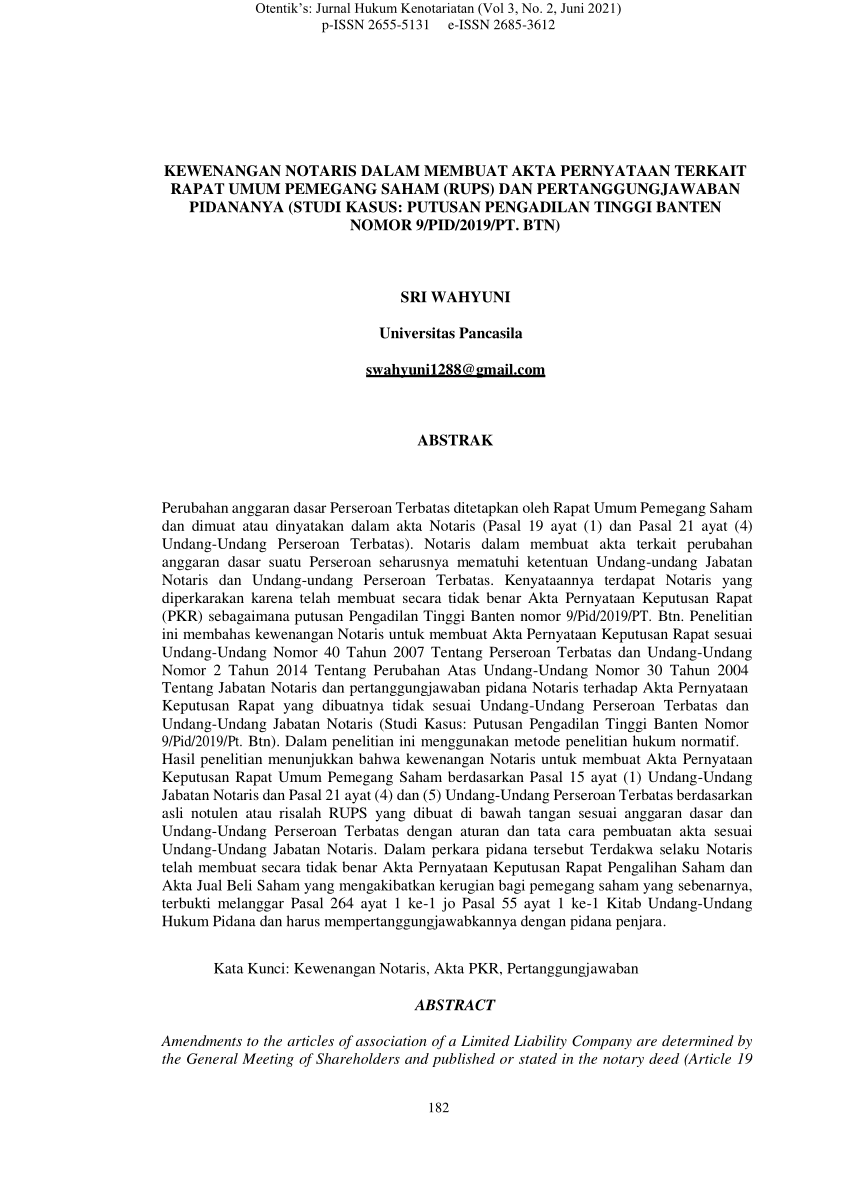 (PDF) KEWENANGAN NOTARIS DALAM MEMBUAT AKTA PERNYATAAN TERKAIT RAPAT