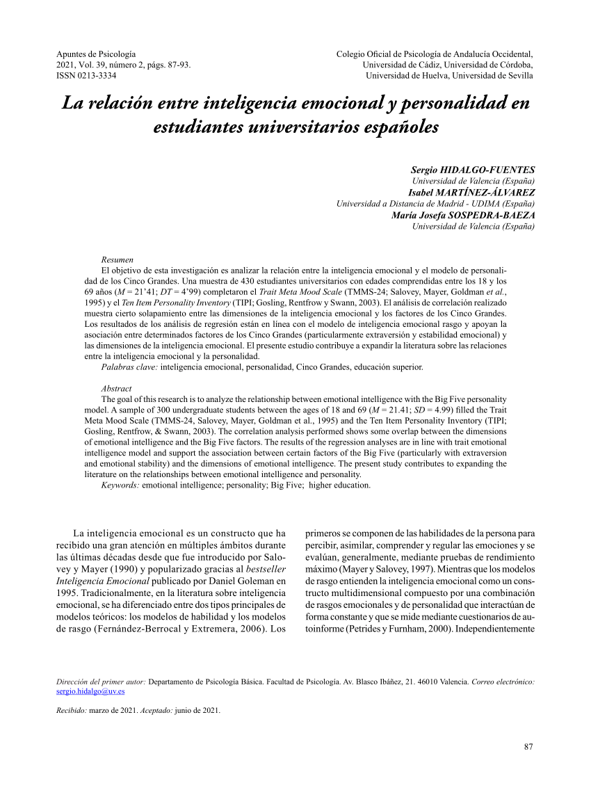 PDF) La relación entre inteligencia emocional y personalidad en estudiantes  universitarios españoles