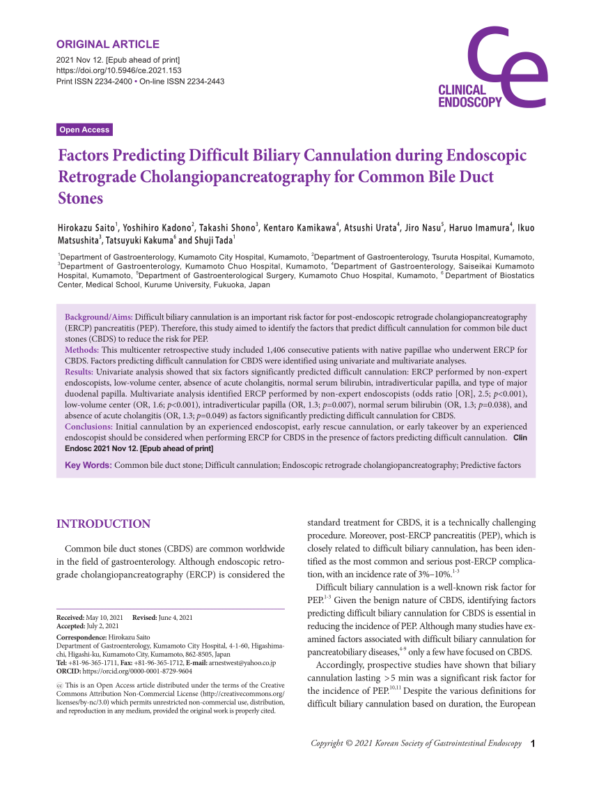 Pdf Factors Predicting Difficult Biliary Cannulation During