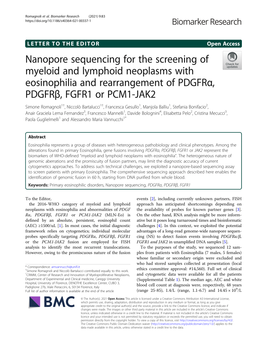 Pdf Nanopore Sequencing For The Screening Of Myeloid And Lymphoid Neoplasms With Eosinophilia 