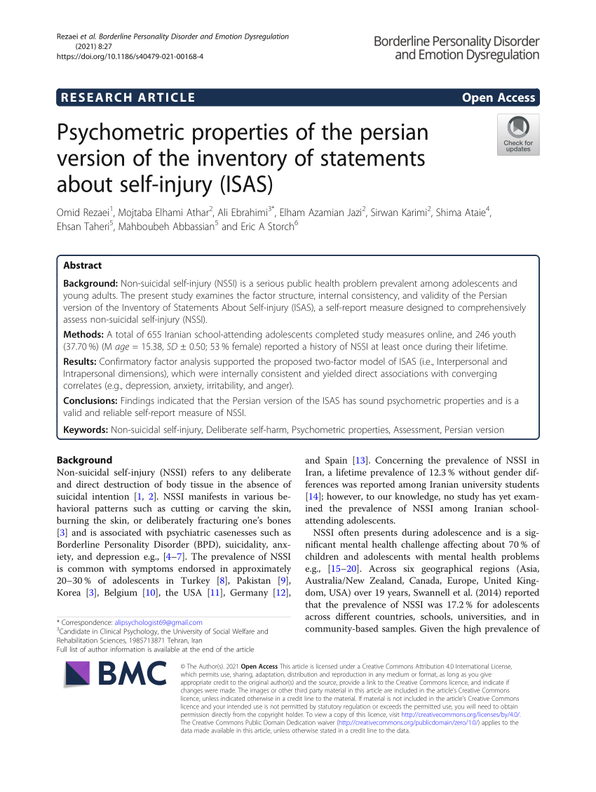 Pdf Psychometric Properties Of The Persian Version Of The Inventory Of Statements About Self