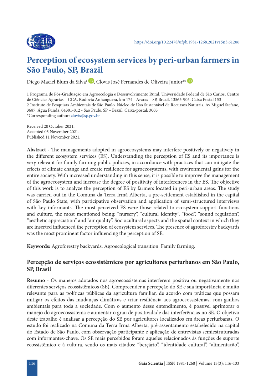 PDF) Perception of ecosystem services by peri-urban farmers in São Paulo,  SP, Brazil --- Percepção de serviços ecossistêmicos por agricultores  periurbanos em São Paulo, SP, Brasil