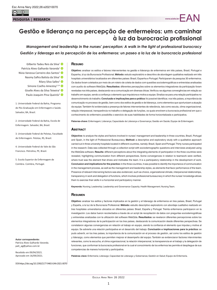 Pdf Gestão E Liderança Na Percepção De Enfermeiros Um Caminhar à Luz Da Burocracia Profissional 6041