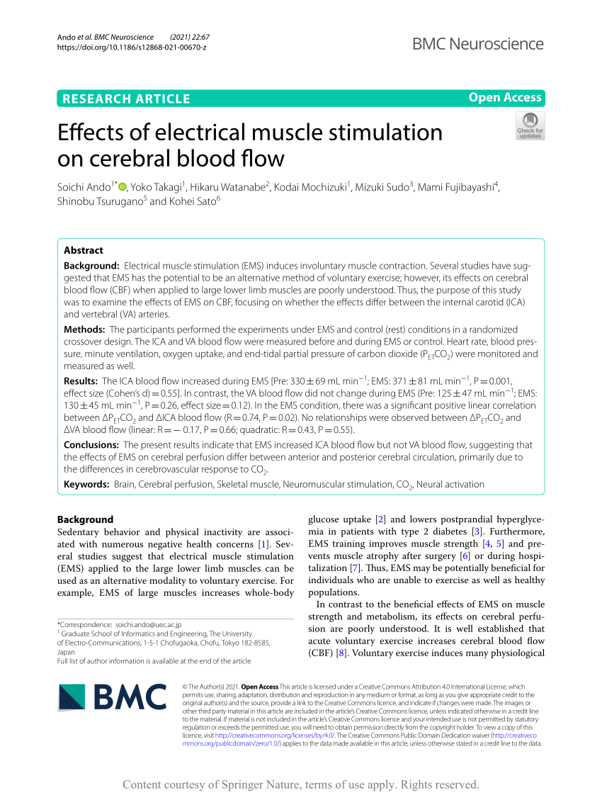 Effects of electrical muscle stimulation on cerebral blood flow