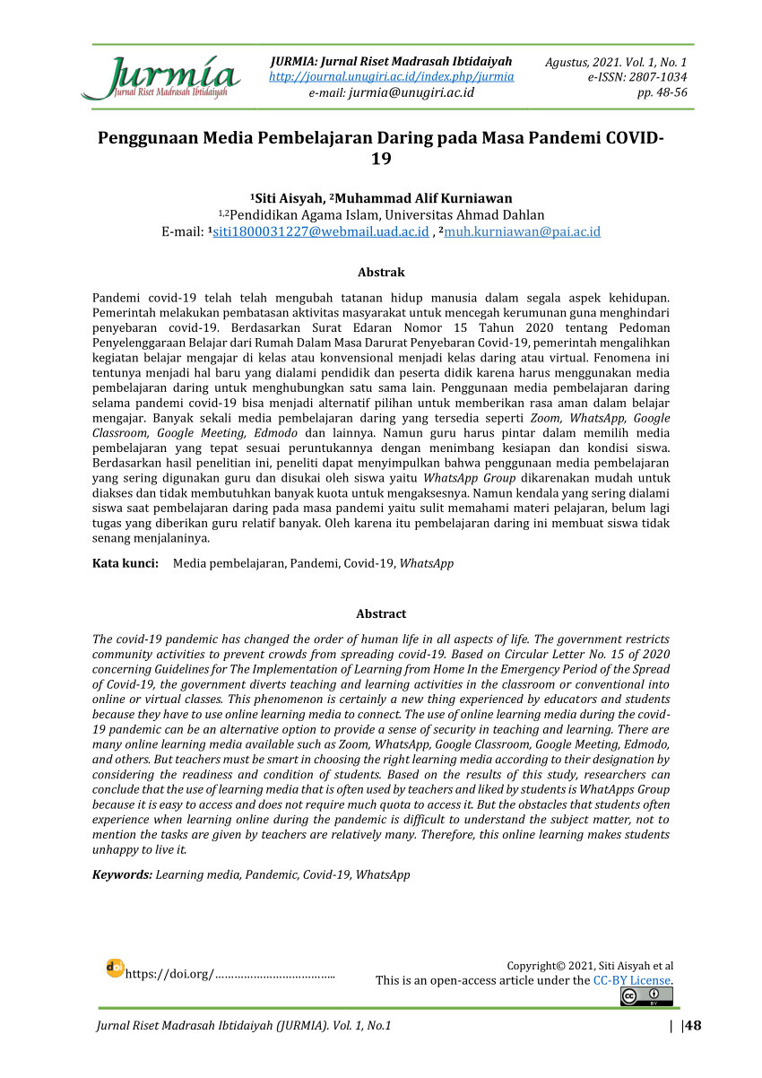 PDF Penggunaan Media Pembelajaran Daring Pada Masa Pandemi COVID