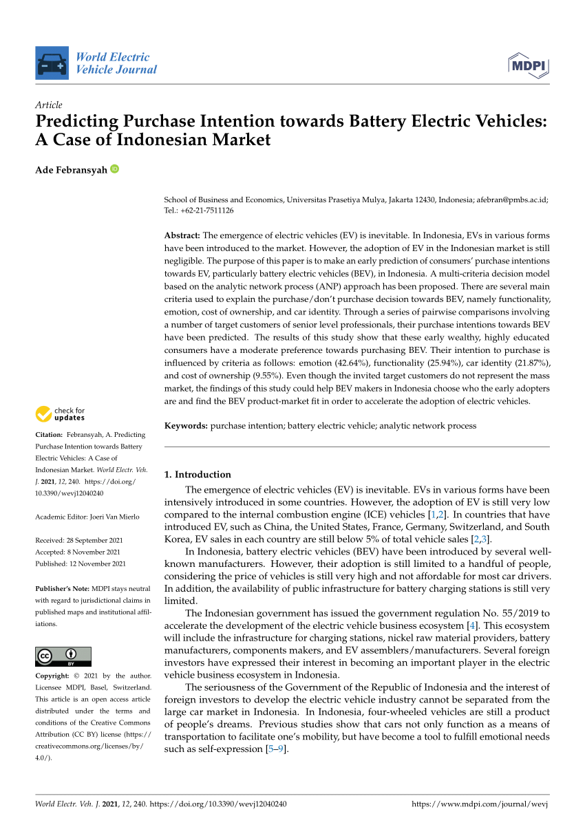 (PDF) Predicting Purchase Intention towards Battery Electric Vehicles
