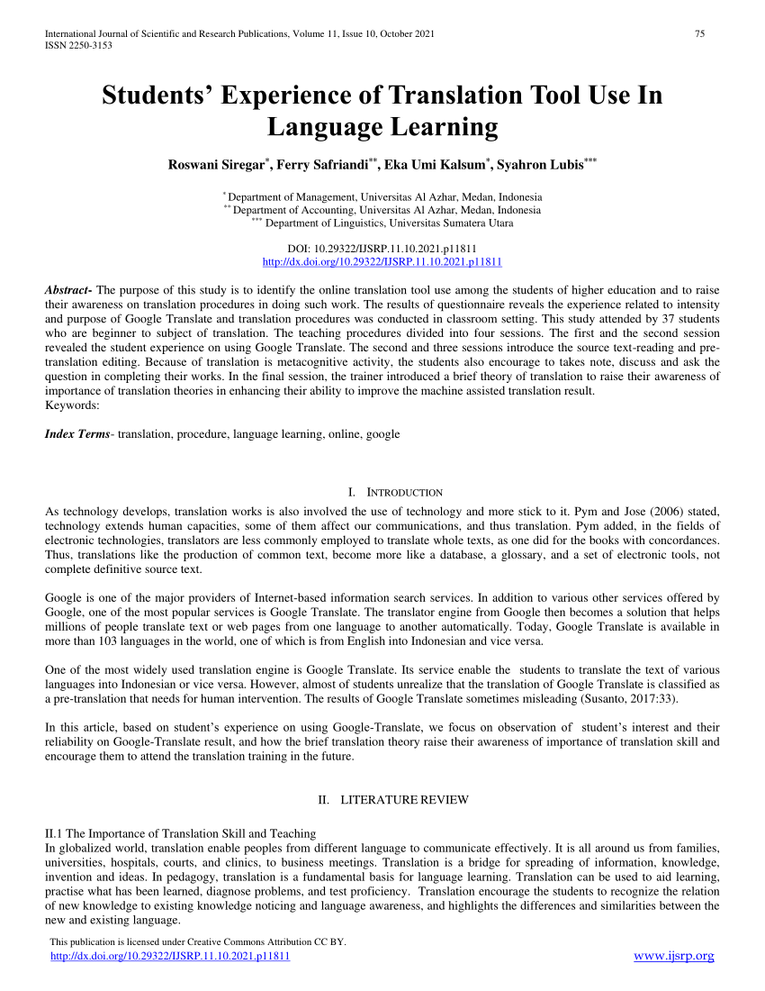 PDF) BENEFITS OF USE GOOGLE TRANSLATE IN LEARNING ENGLISH LANGUAGE