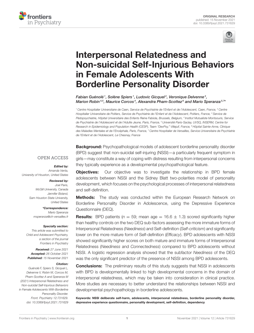 Pdf Interpersonal Relatedness And Non Suicidal Self Injurious Behaviors In Female Adolescents With Borderline Personality Disorder