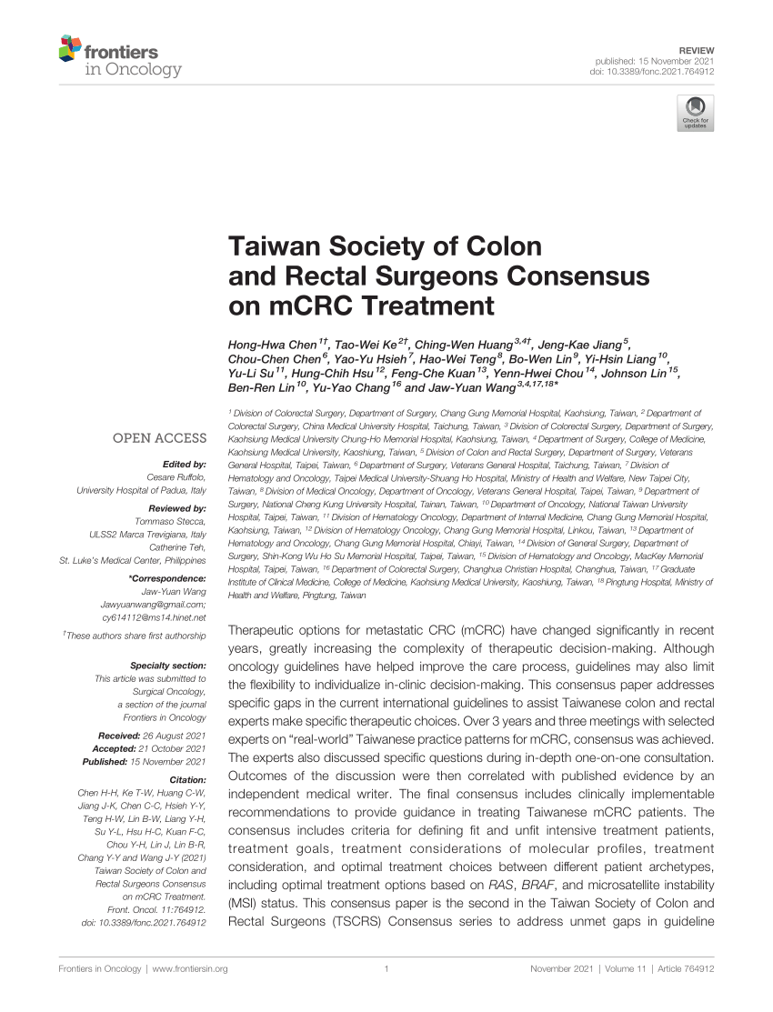 PDF) Taiwan Society of Colon and Rectal Surgeons Consensus on mCRC 