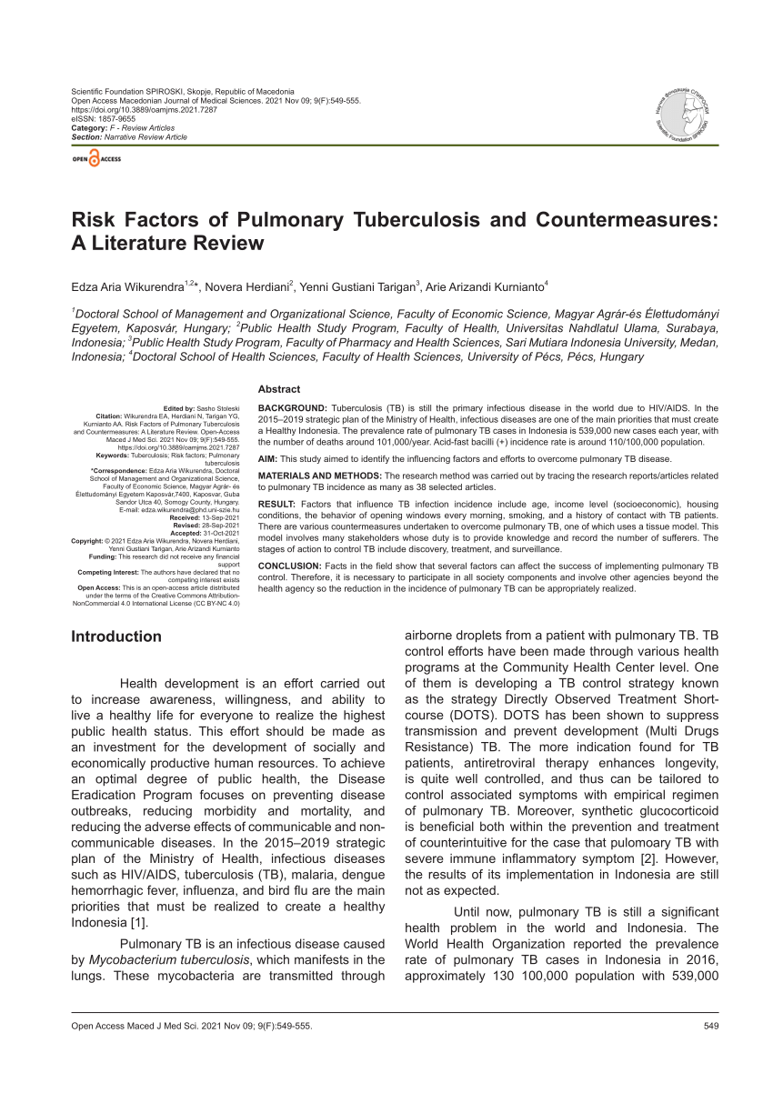 literature review of pulmonary tuberculosis