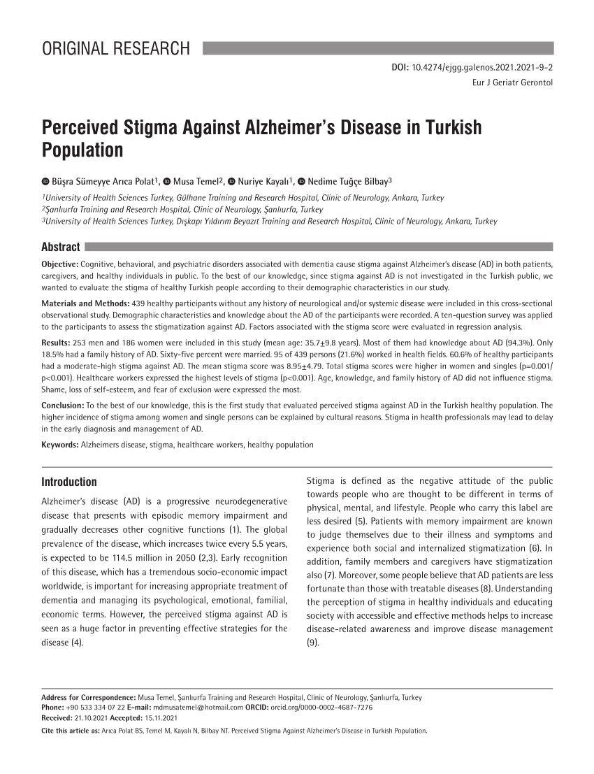 PDF Perceived Stigma Against Alzheimer s Disease in Turkish  