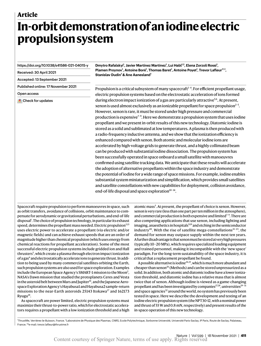 PDF) In-orbit demonstration of an iodine electric propulsion system