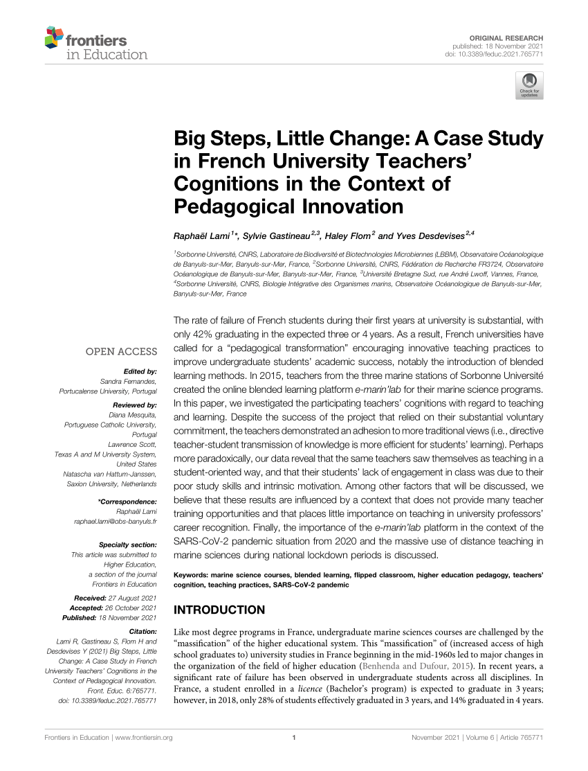 PDF) Big Steps, Little Change: A Case Study in French University Teachers'  Cognitions in the Context of Pedagogical Innovation