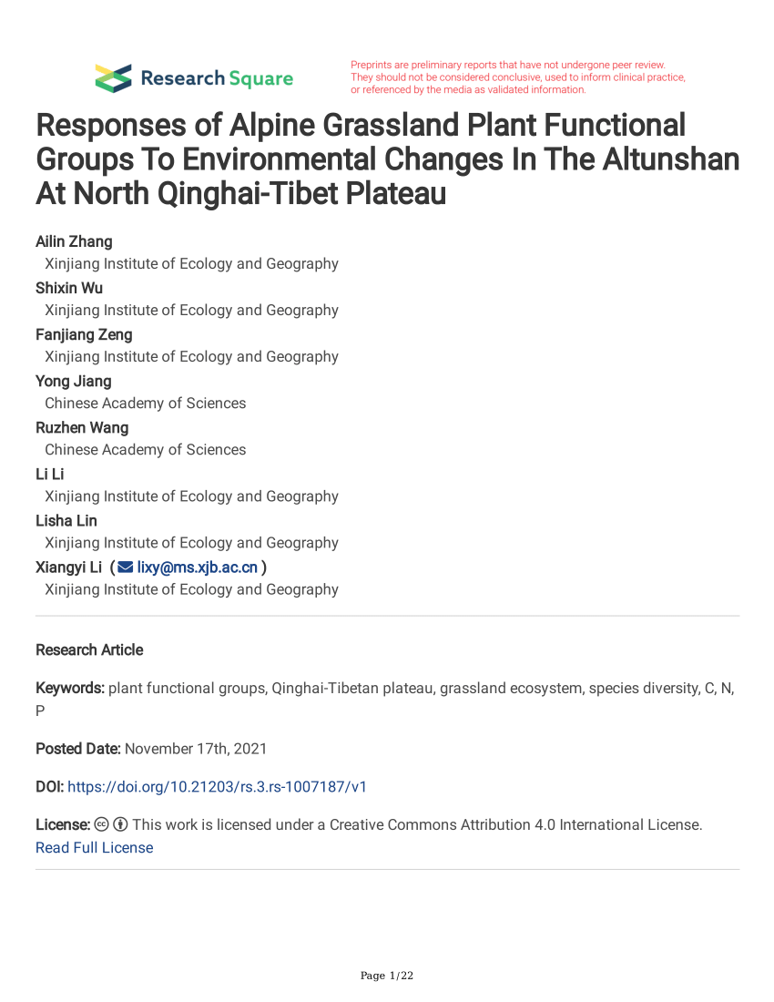 PDF) Responses of Alpine Grassland Plant Functional Groups To 