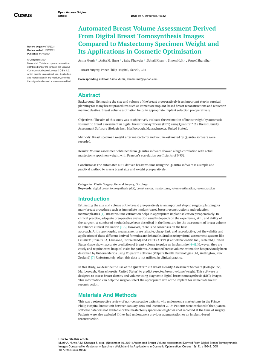 Assessment of Three Breast Volume Measurement Techniques: Single Marking,  MRI and Crisalix 3D Software®