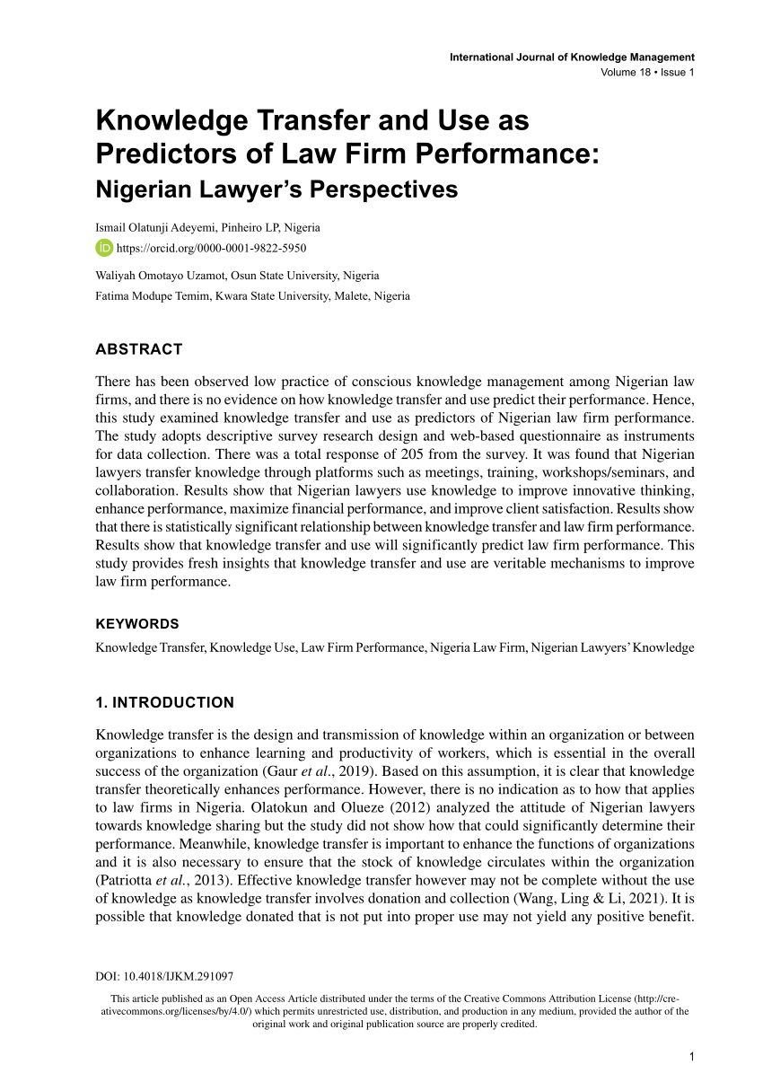 PDF) Knowledge Transfer and Use as Predictors of Law Firm Performance:  Nigerian Lawyer's Perspectives
