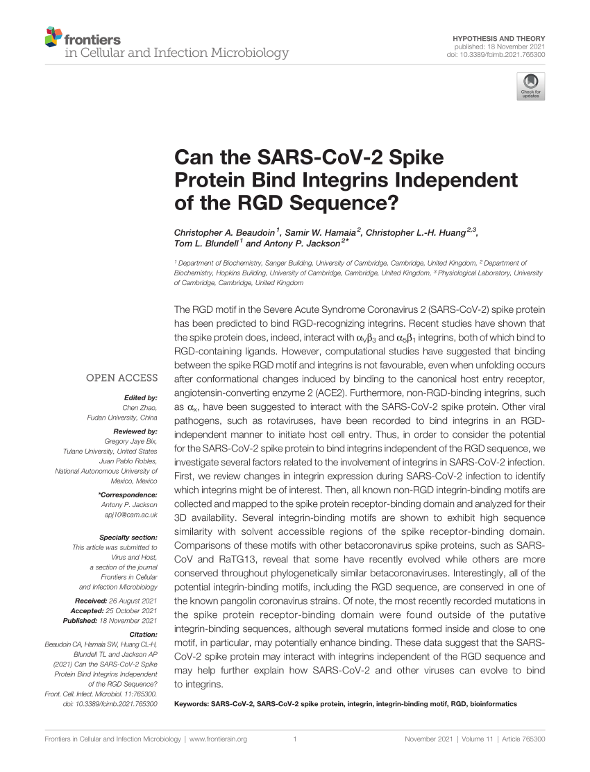PDF) Can the SARS-CoV-2 Spike Protein Bind Integrins Independent ...