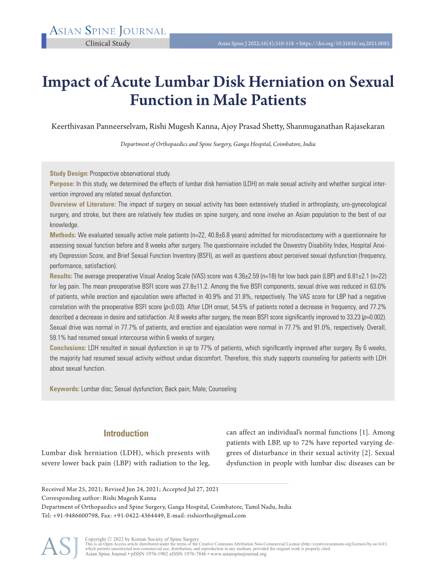 PDF Impact of Acute Lumbar Disk Herniation on Sexual Function in