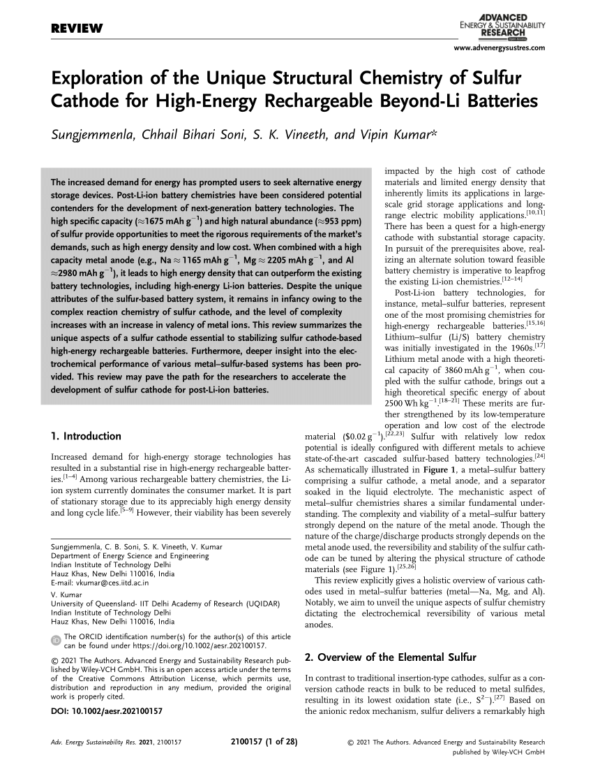 PDF) Exploration of the Unique Structural Chemistry of Sulfur Cathode for  High‐Energy Rechargeable Beyond‐Li Batteries