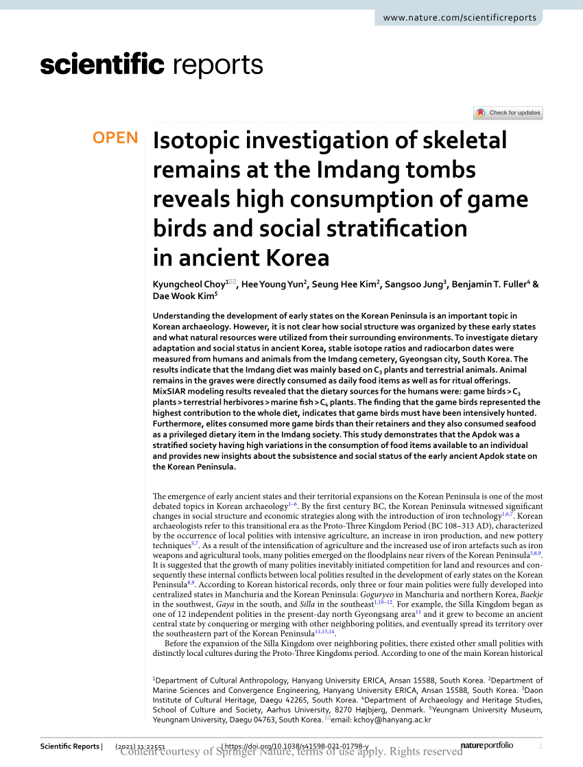 PDF) Isotopic investigation of skeletal remains at the Imdang tombs high consumption of game and social stratification in ancient Korea
