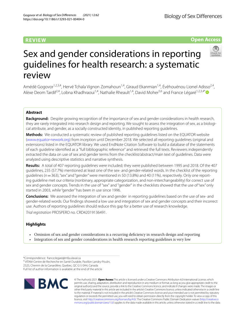 Pdf Sex And Gender Considerations In Reporting Guidelines For Health Research A Systematic Review