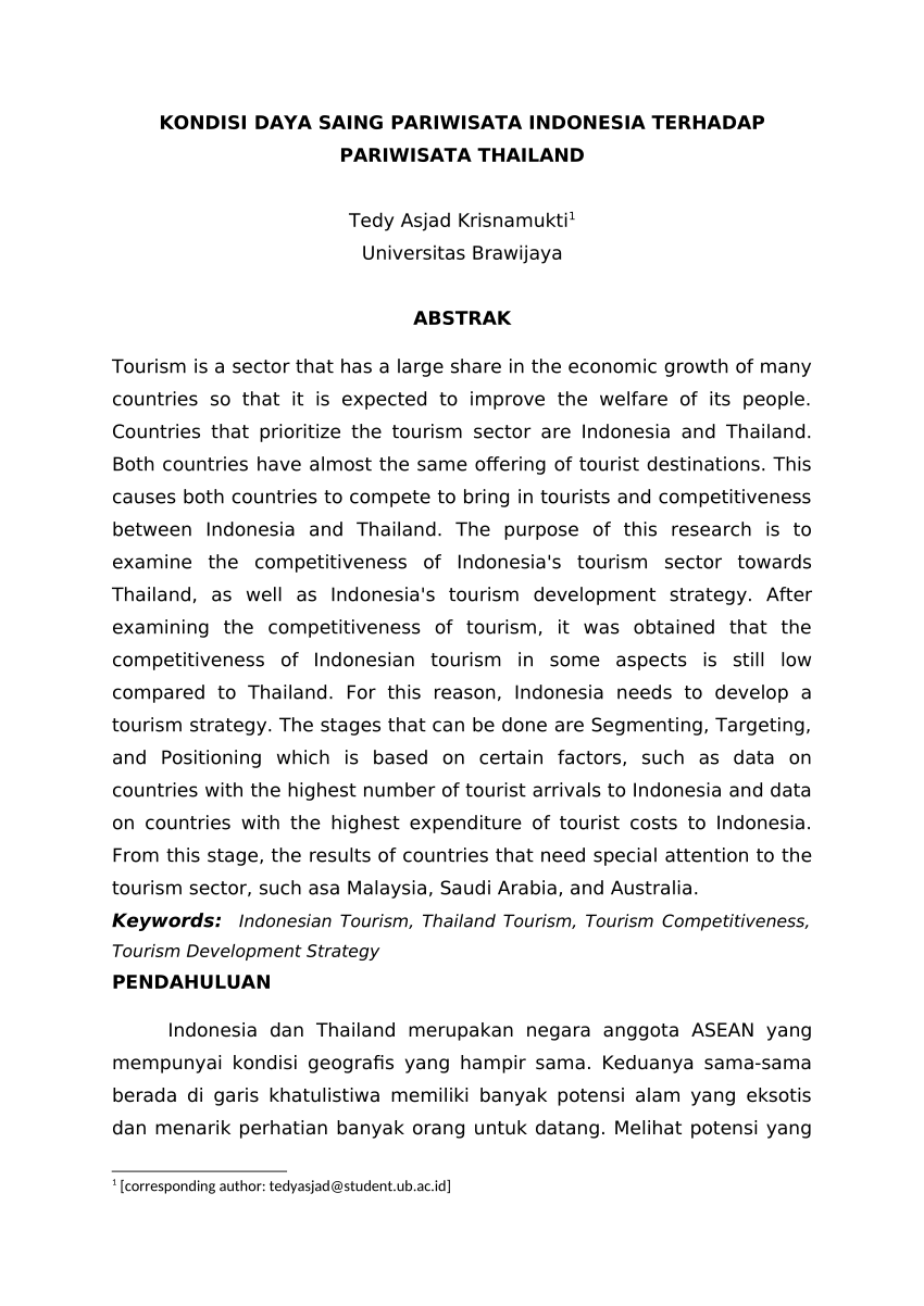 Pdf Kondisi Daya Saing Pariwisata Indonesia Terhadap Pariwisata Thailand 