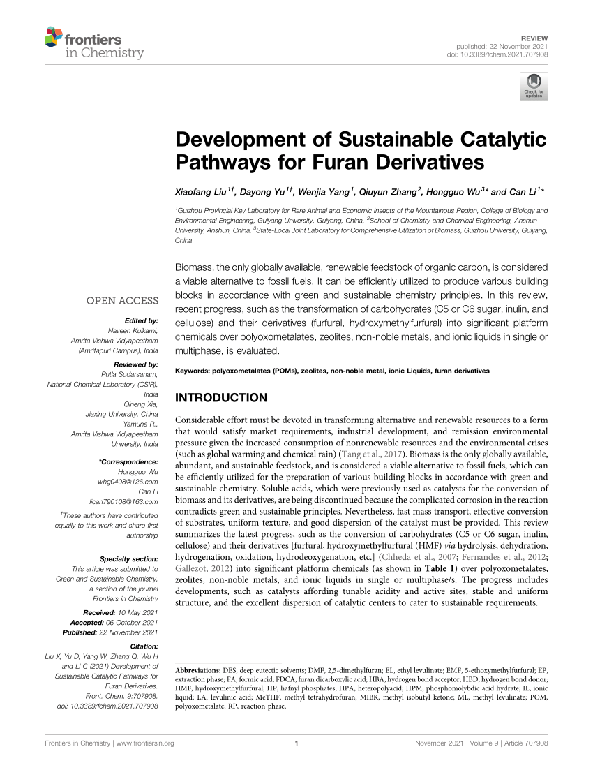PDF) Development of Sustainable Catalytic Pathways for Furan 