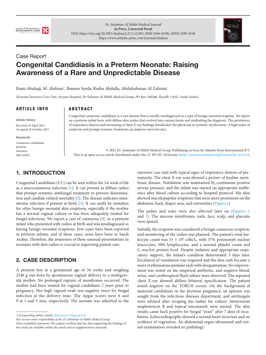 Pdf Congenital Candidiasis In A Preterm Neonate Raising Awareness Of A Rare And Unpredictable 